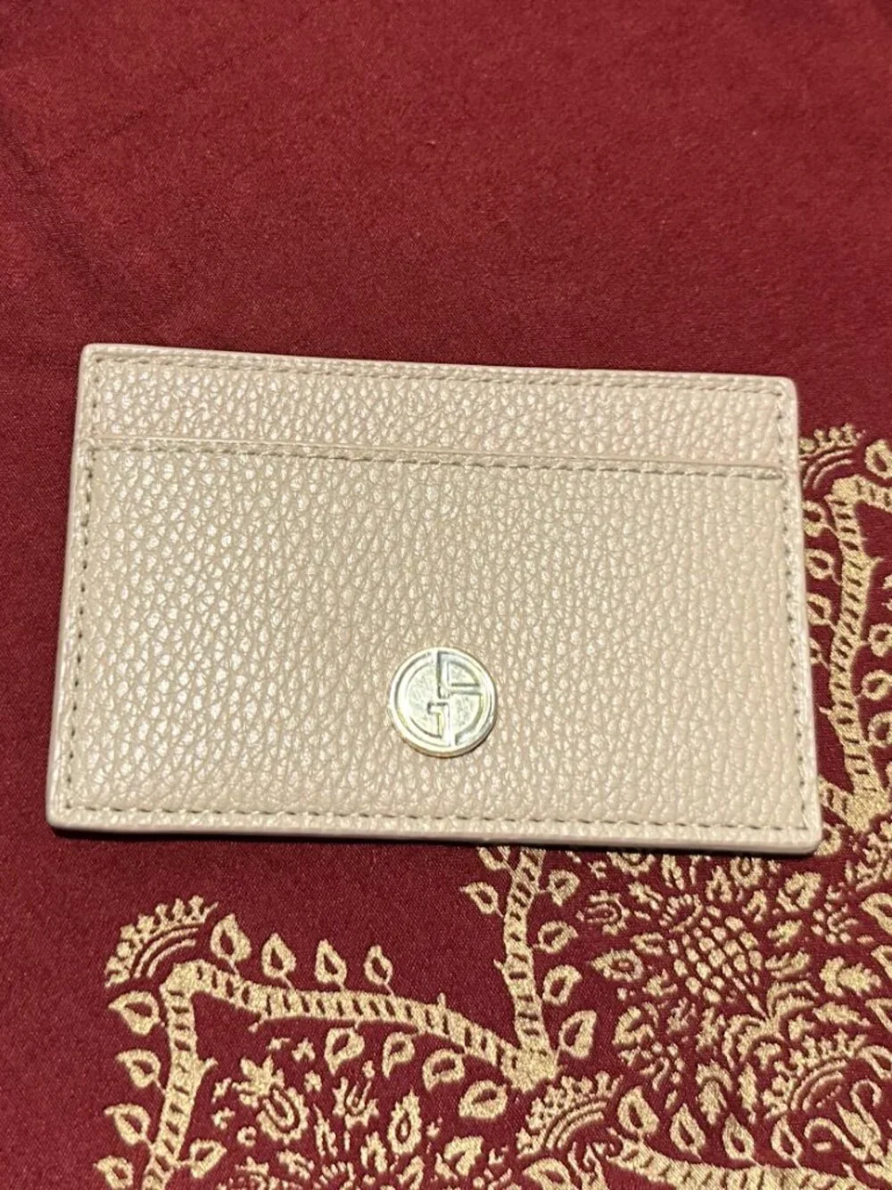 Giorgio Armani Cream Pebbled Leather Card Holder and Silk Eye Mask Bundle